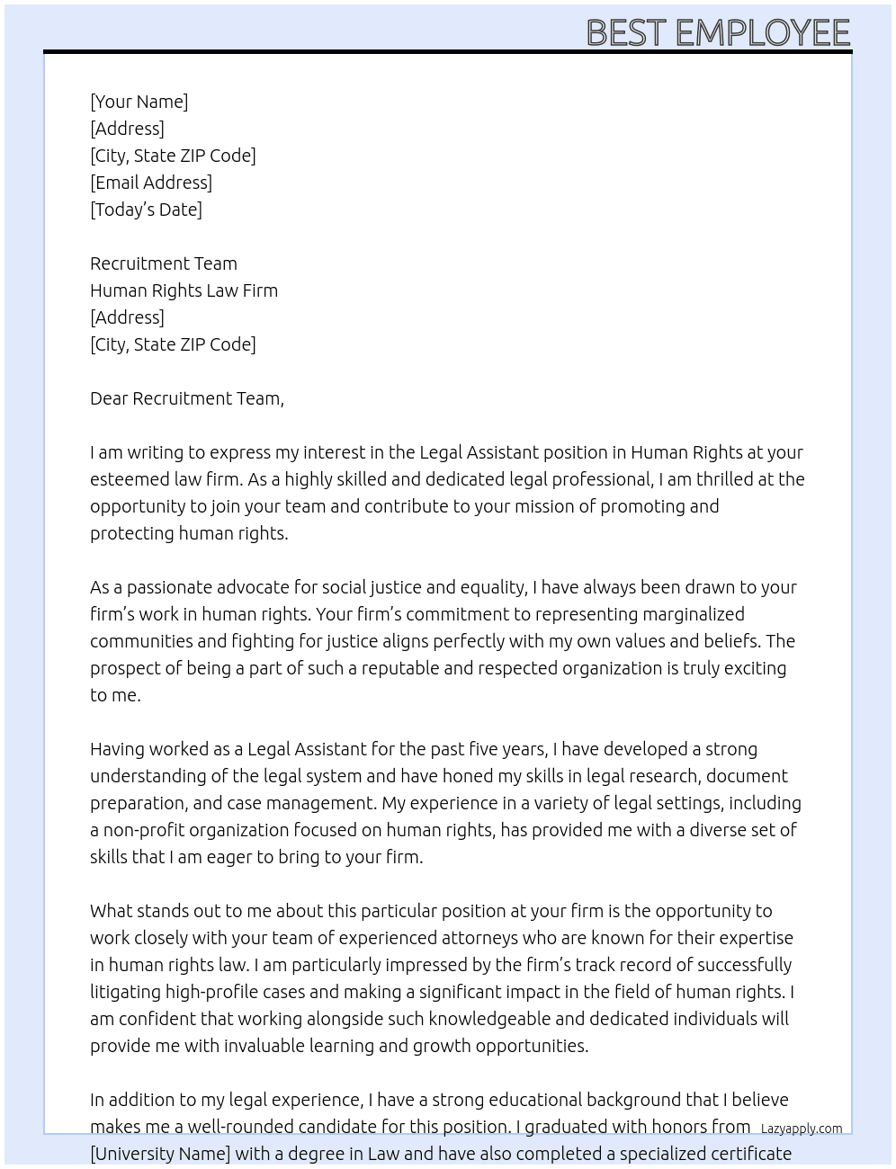 legal assistant in human rights At Human Rights Law Firm Cover Letter