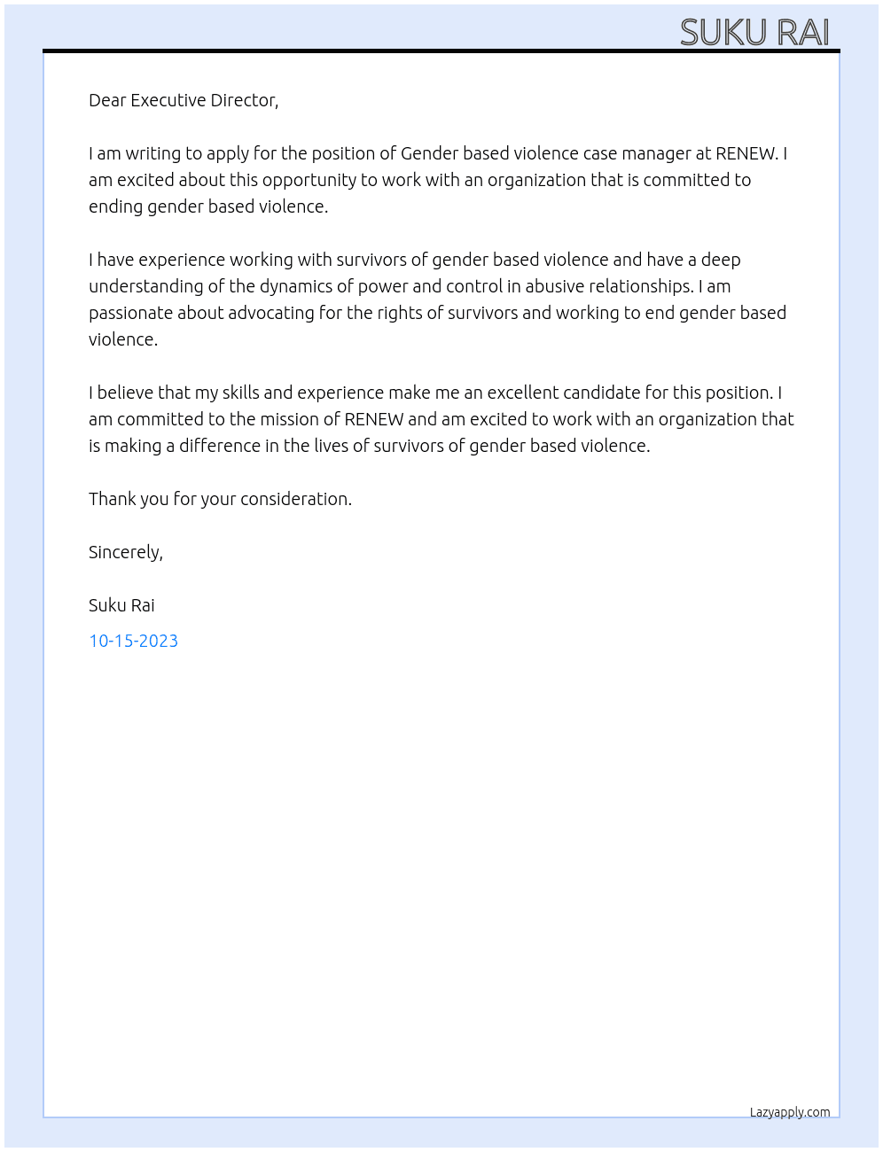 Gender based violence case manager  At RENEW  Cover Letter