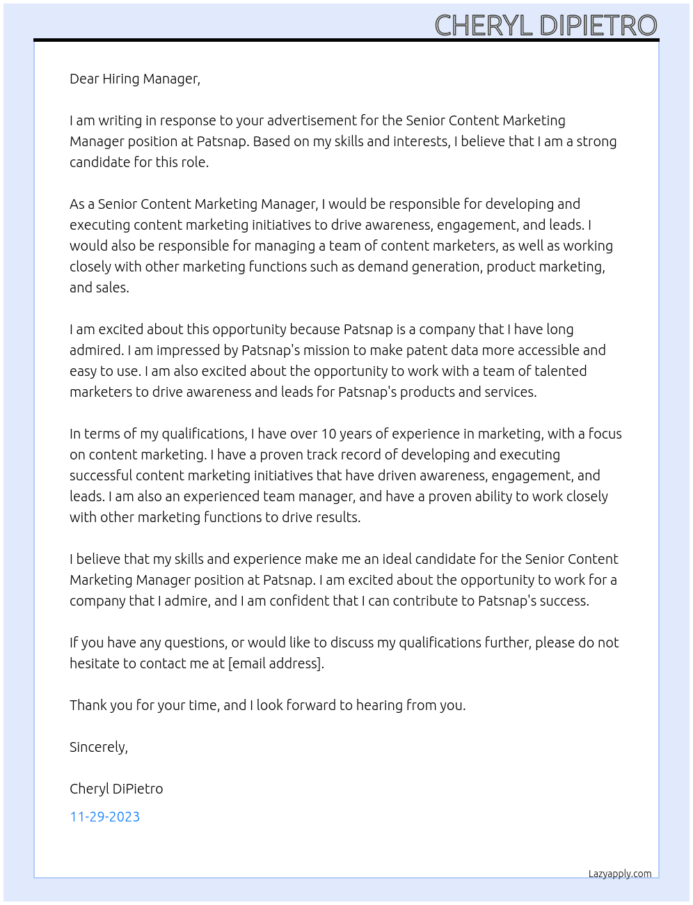 Senior Content Marketing Manager At Patsnap Cover Letter