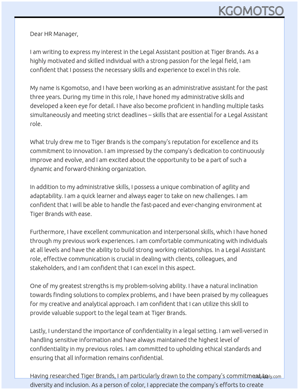 Legal Assistant  At Tiger Brands Cover Letter