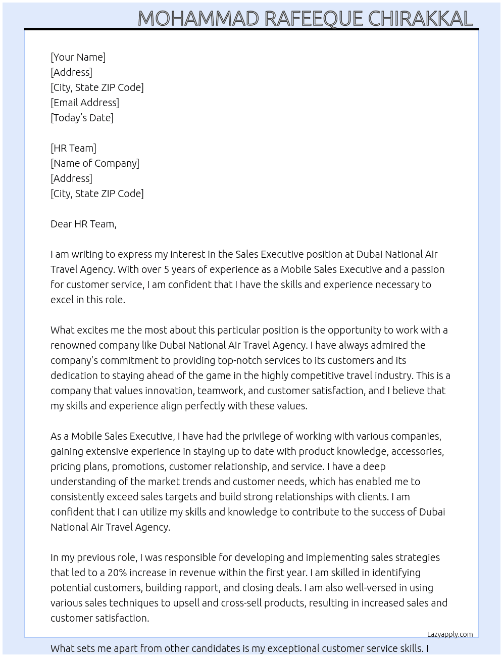 Sales Executive  At Dubai National Air Travel Agency  Cover Letter