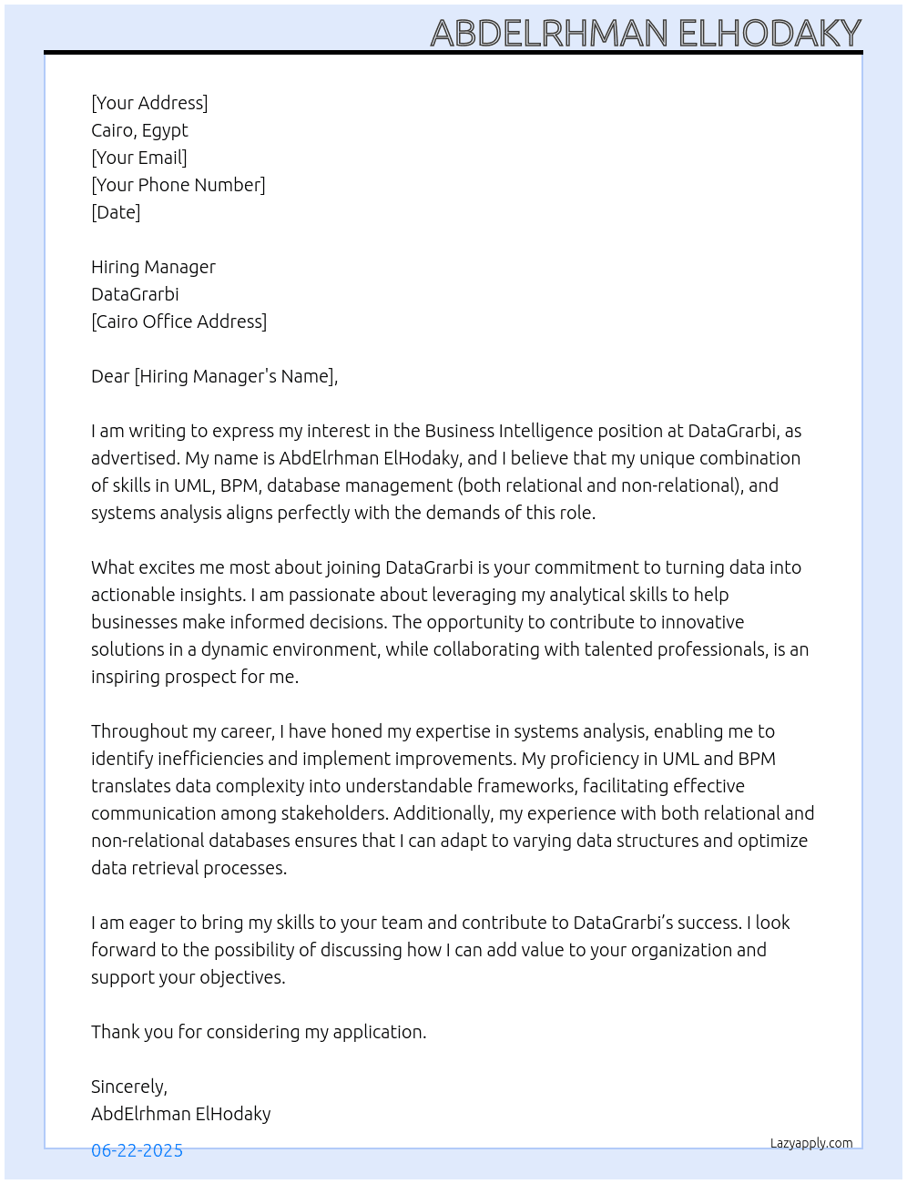 Cover letter for business intelligence - LazyApply