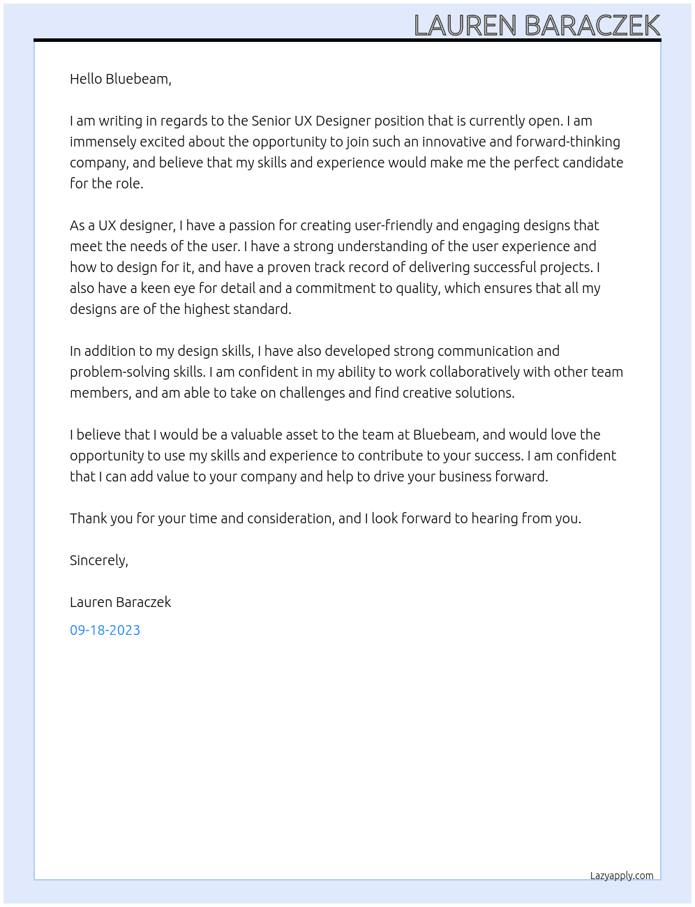 UX Designer At Bluebeam Cover Letter