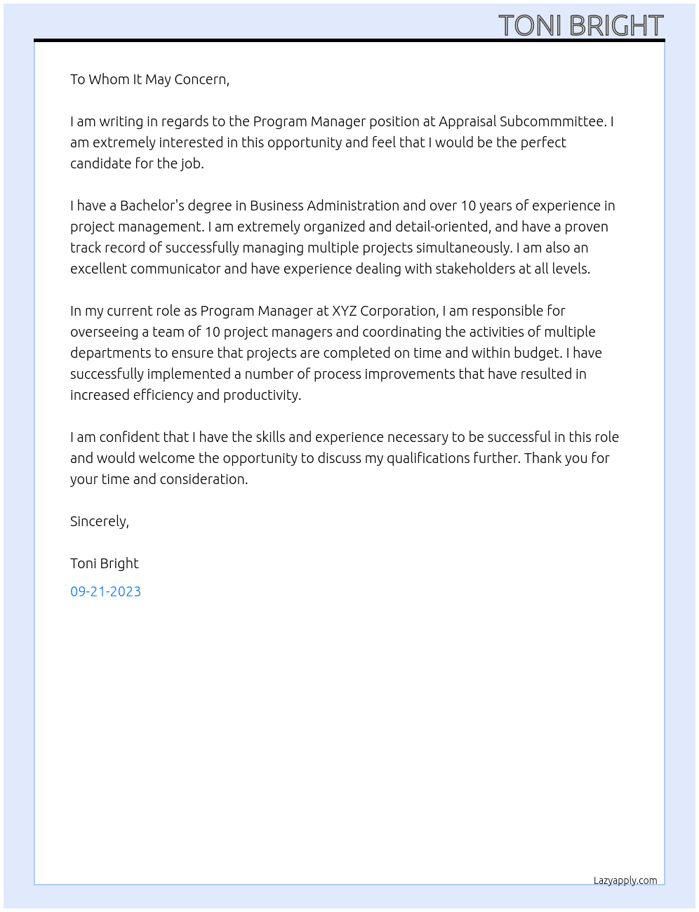 Program manager At Appraisal Subcommmittee Cover Letter