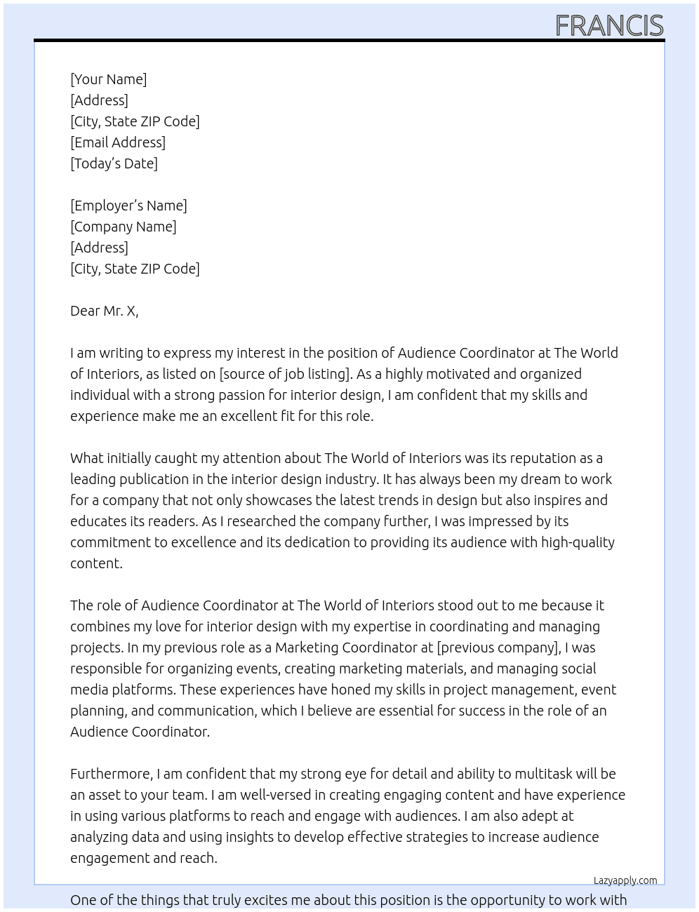 Audience Coordinator At The world of interiors Cover Letter