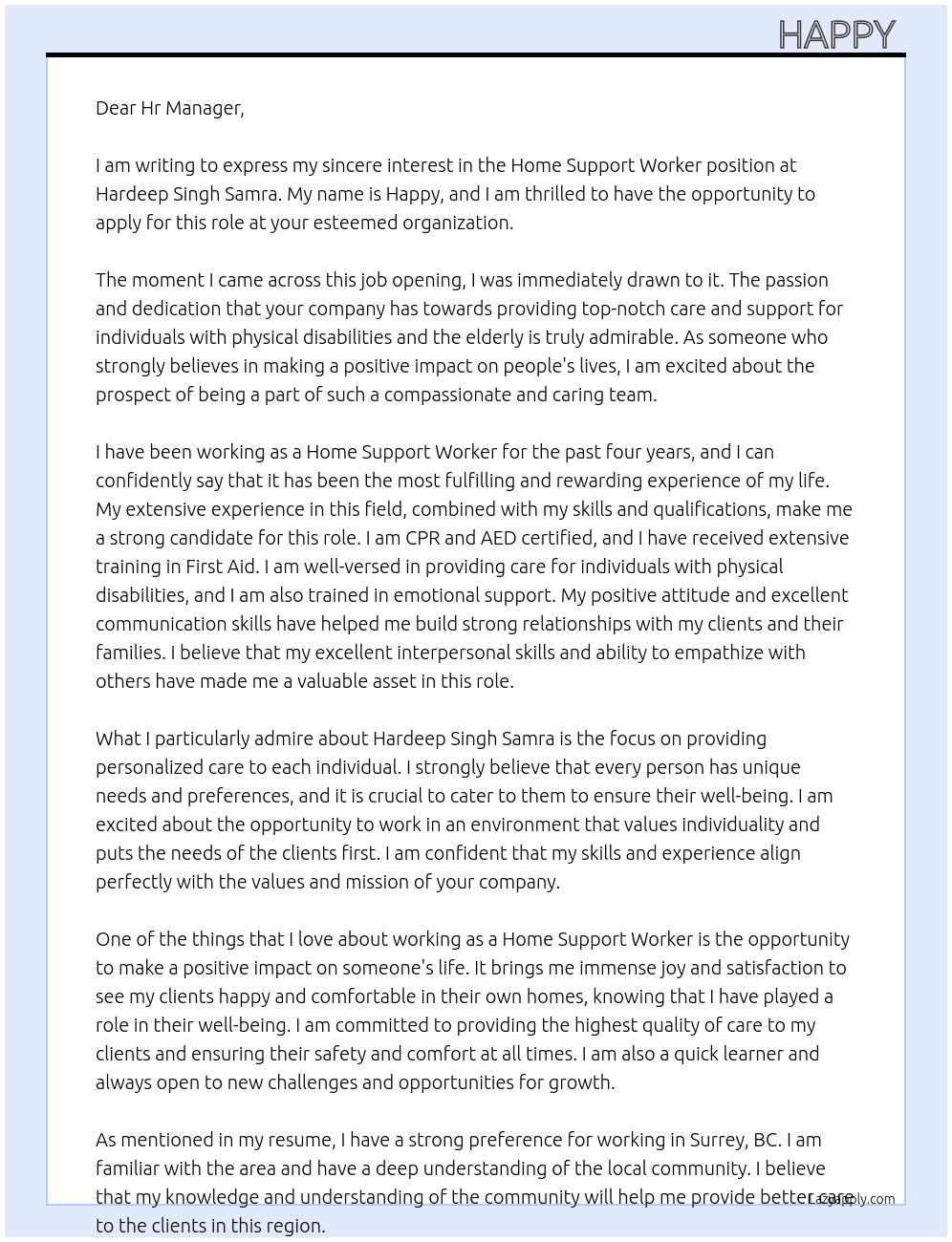 Home support worker At Hardeep Singh Samra Cover Letter