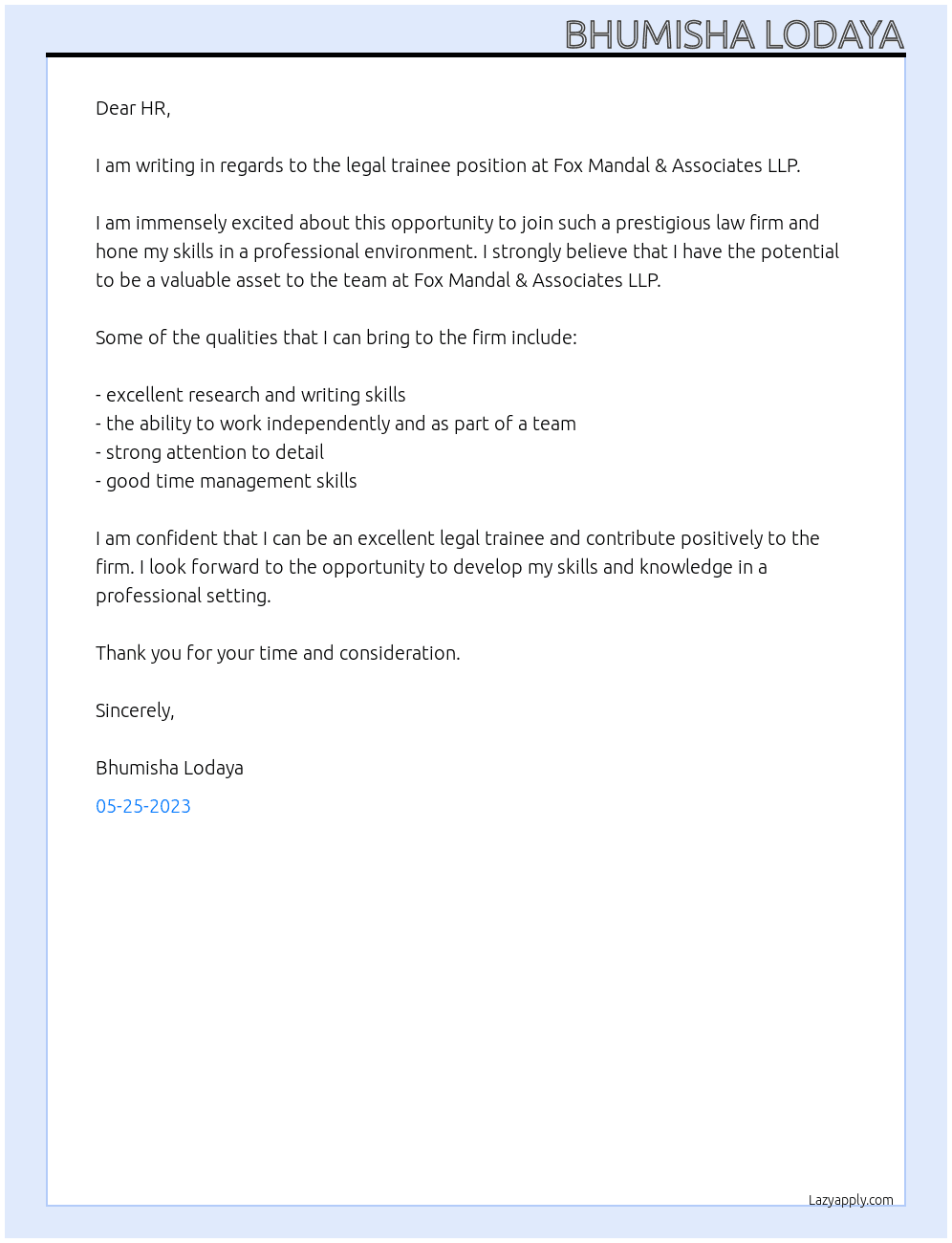 Legal trainee  At Fox Mandal & Associates LLP Cover Letter
