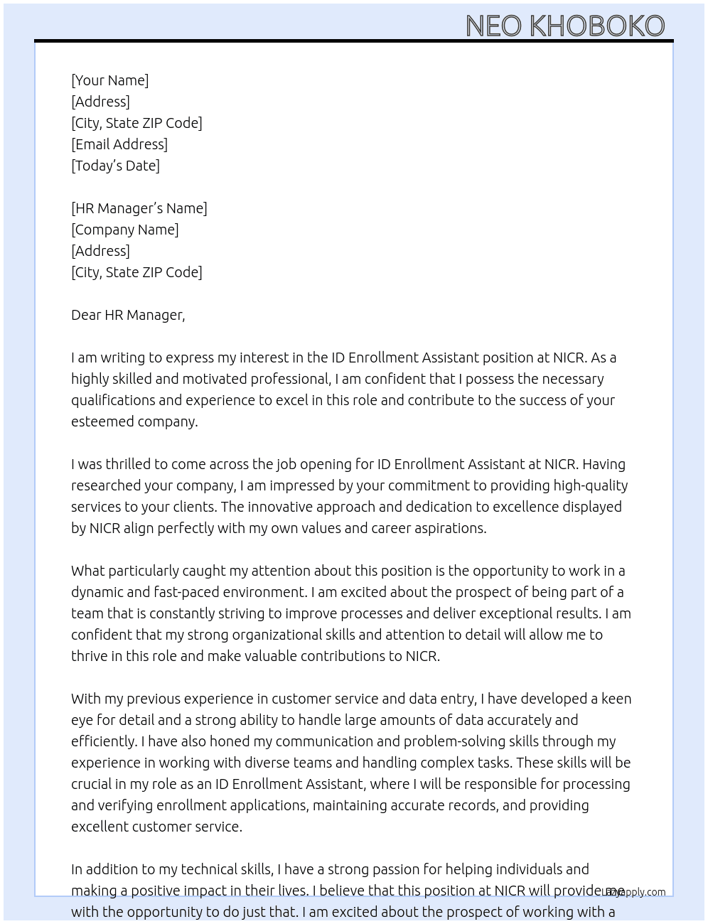ID Enrollment Assistant  At NICR  Cover Letter