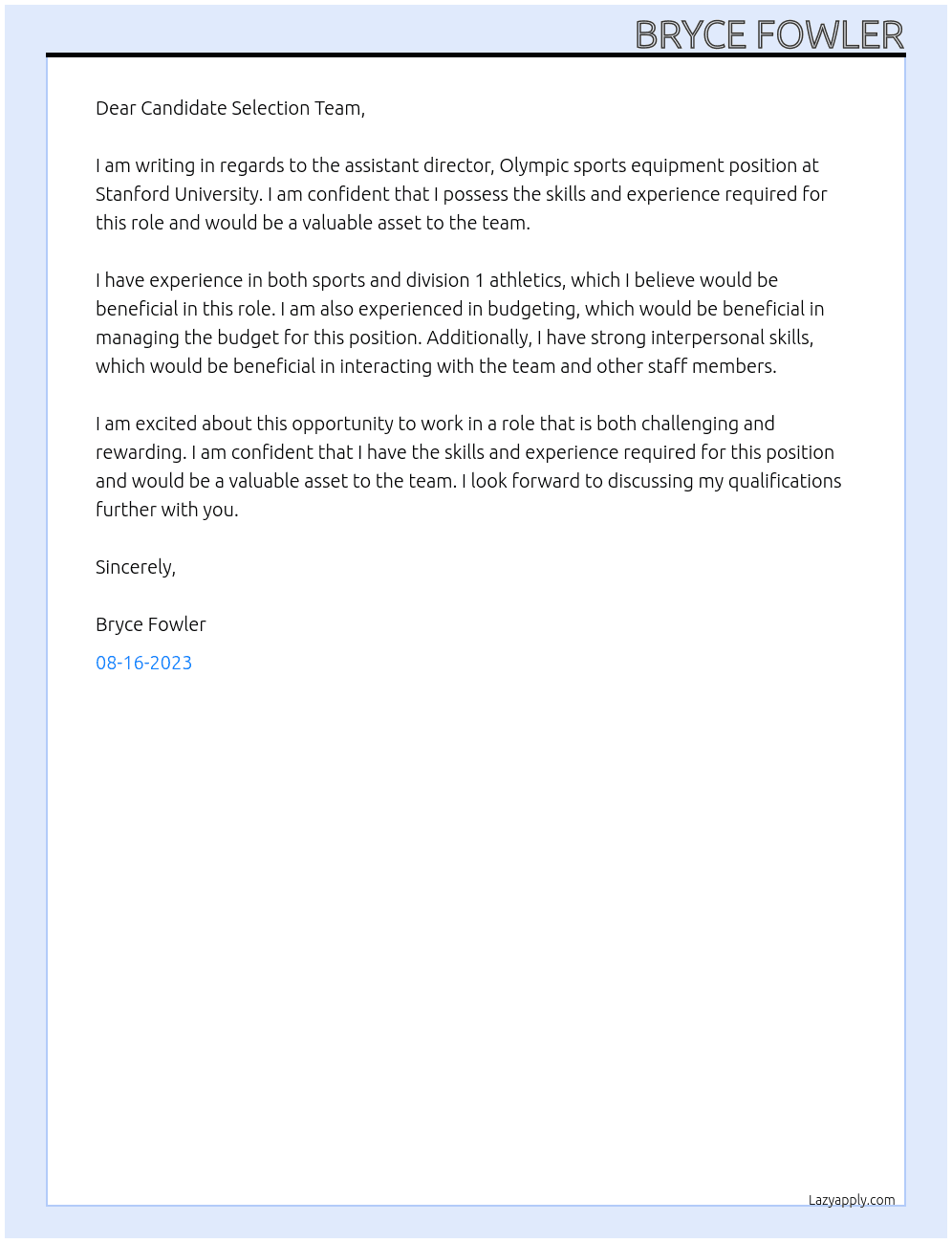 Assistant Director, Olympic Sports Equipment At Stanford University Cover Letter