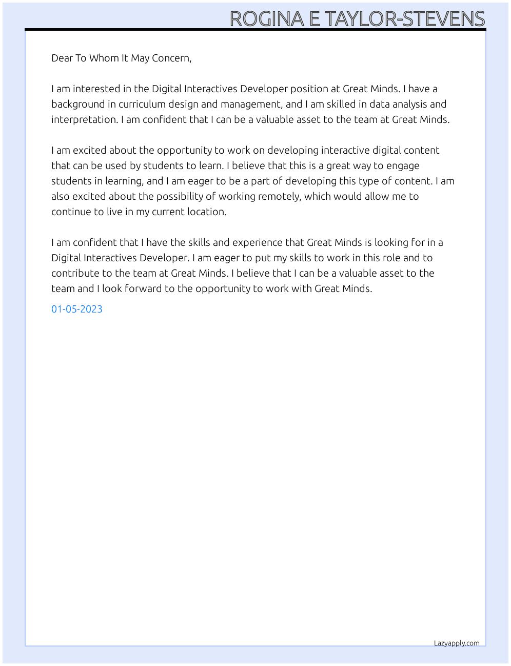 Digital Interactives Developer At Great Minds Cover Letter