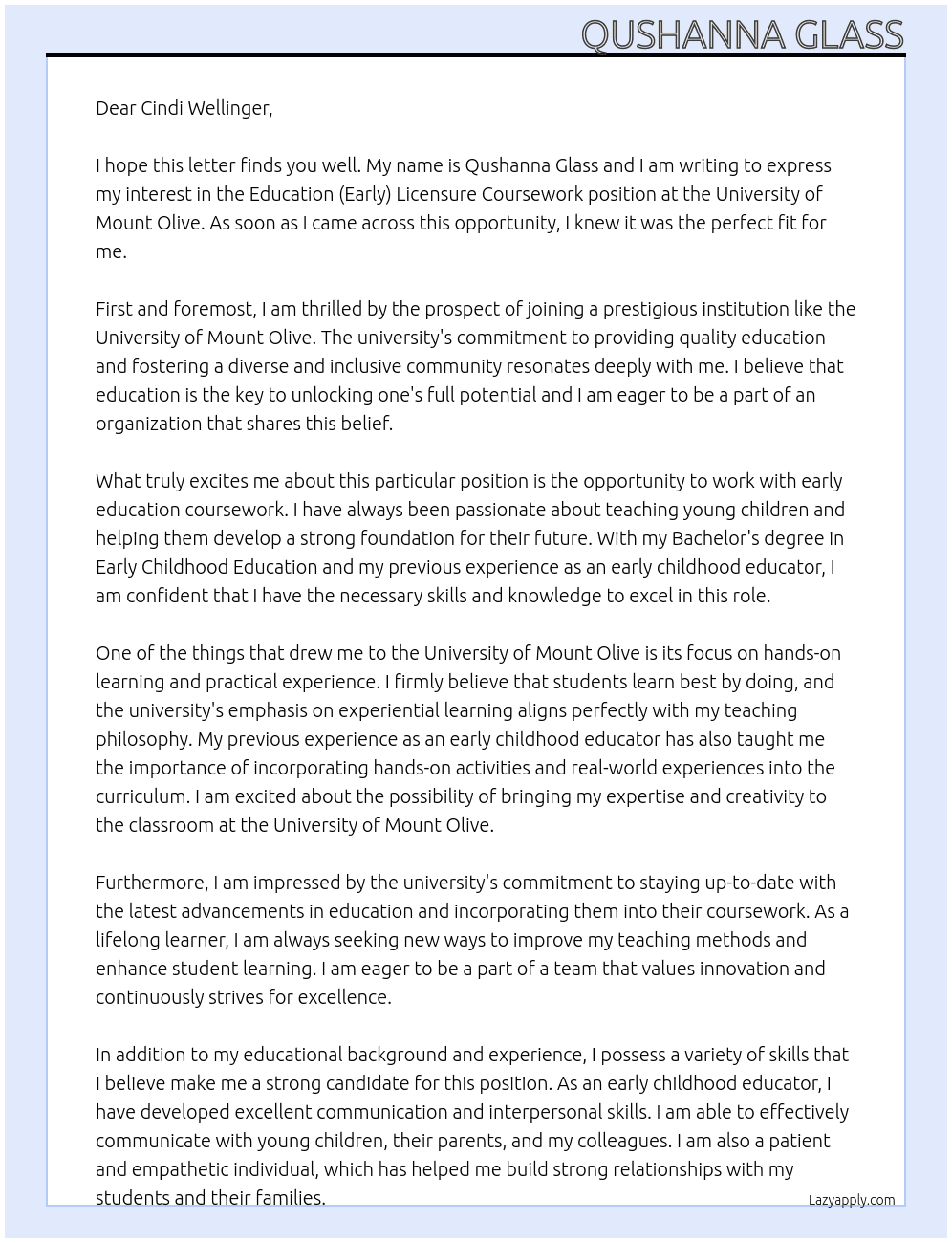 Education (Early) Licensure Coursework At University Of Mount Olive Cover Letter