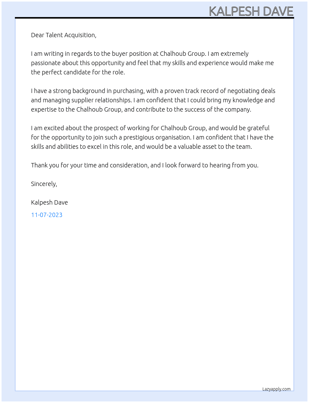 Buyer At Chalhoub Group Cover Letter