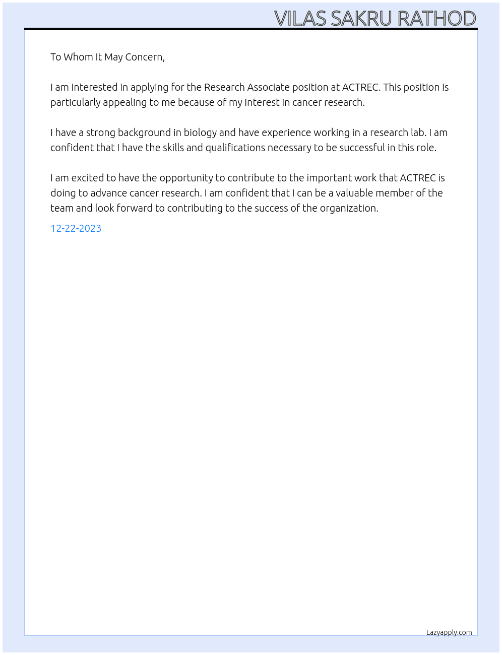 Research Associate  At ACTREC Cover Letter