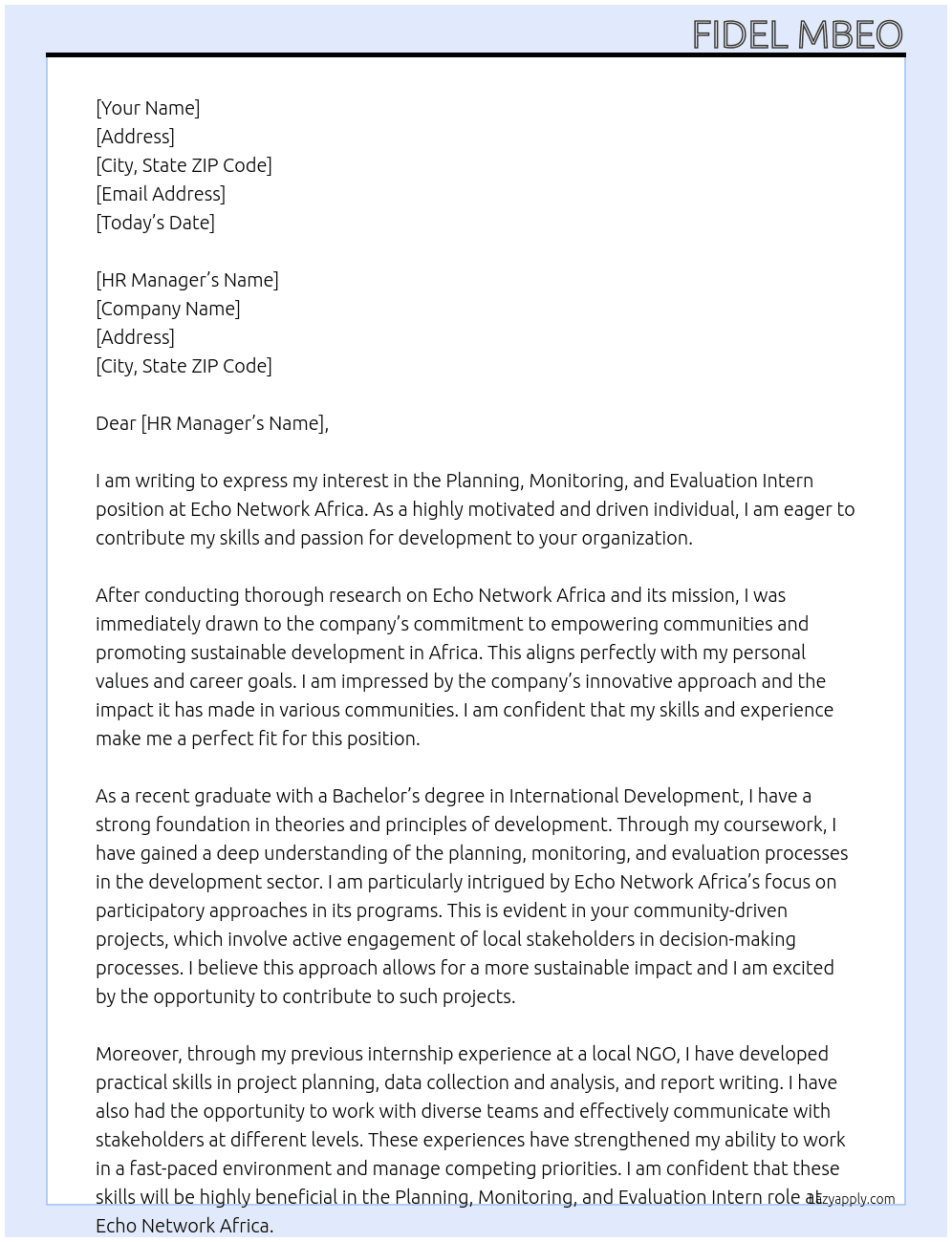 Planning Monitoring and evaluation intern At Echo Network Africa Cover Letter