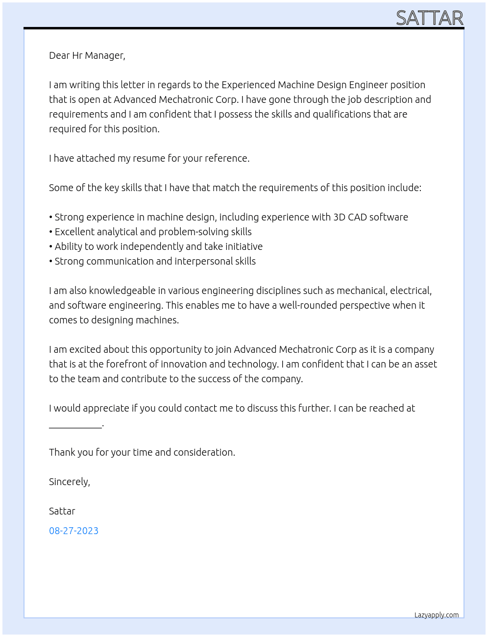 Experienced Machine Design Engineer At Advanced Mechatronic Corp Cover Letter