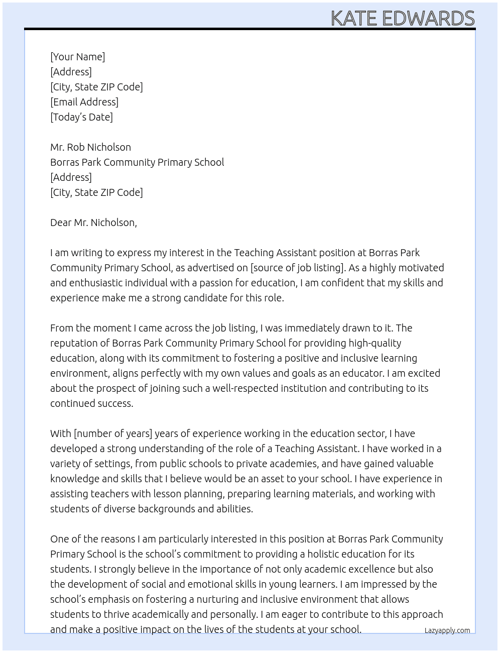 Teaching Assistant  At Borras Park Community Primary School Cover Letter