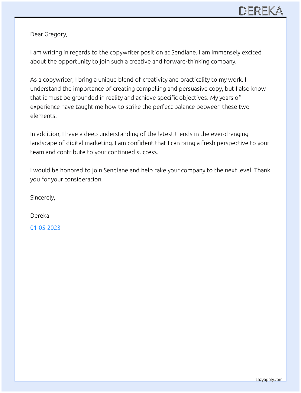 Copywriter At Sendlane  Cover Letter