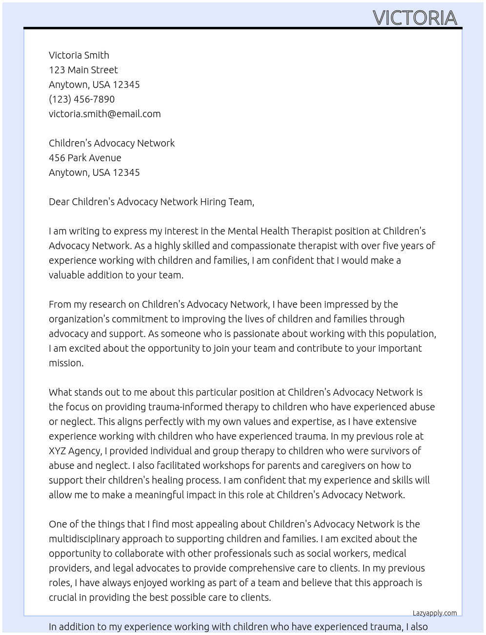 Mental Health Therapist At Children's Advocacy Network Cover Letter