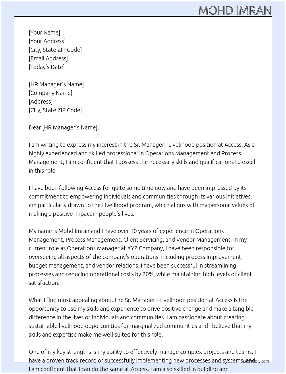 Sr. Manager - Livelihood At Access Cover Letter