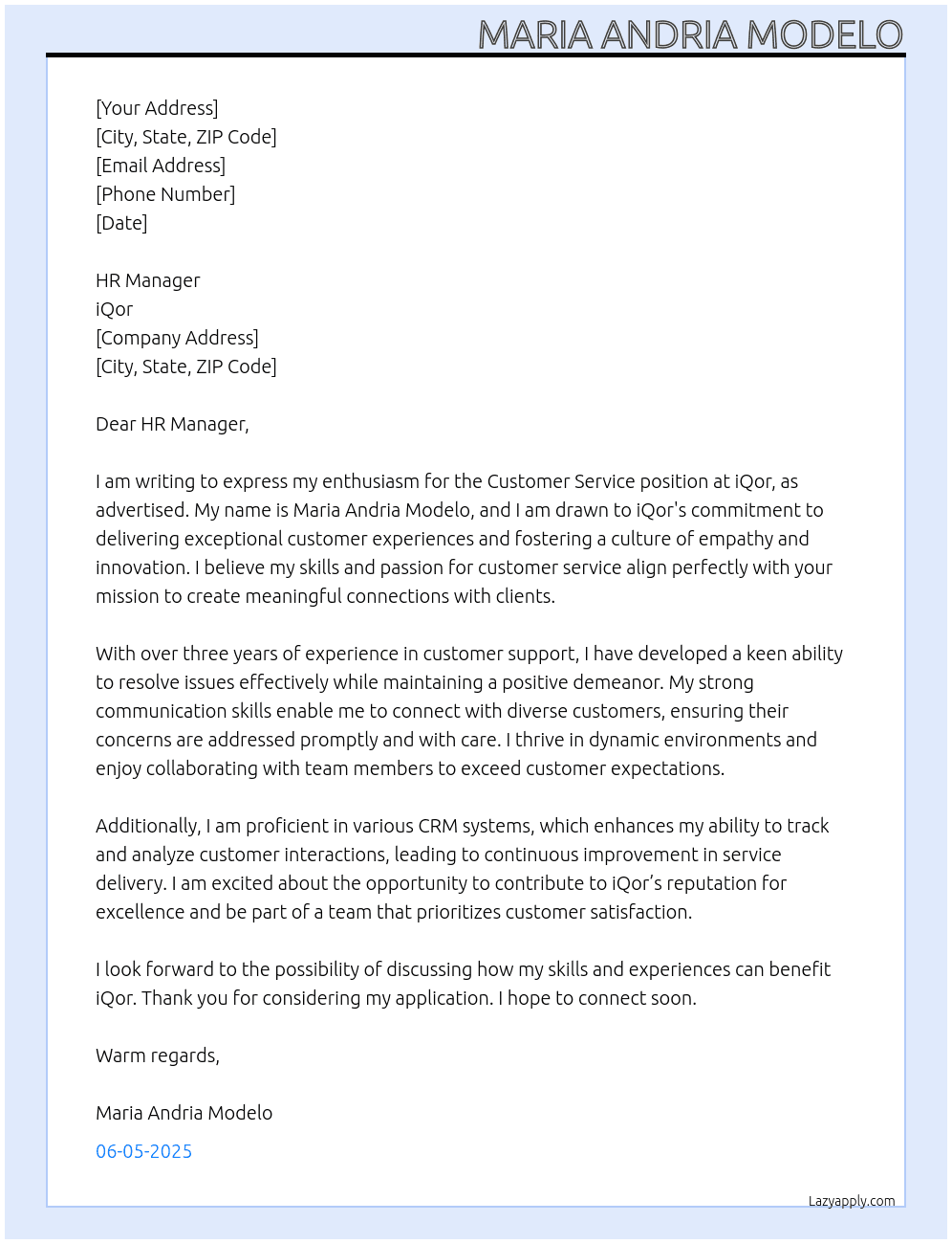CUSTOMER SERVICE At iQor Cover Letter