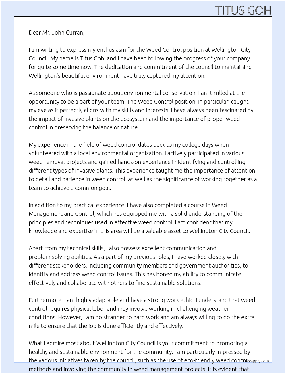 Weed Control At Wellington City Council Cover Letter