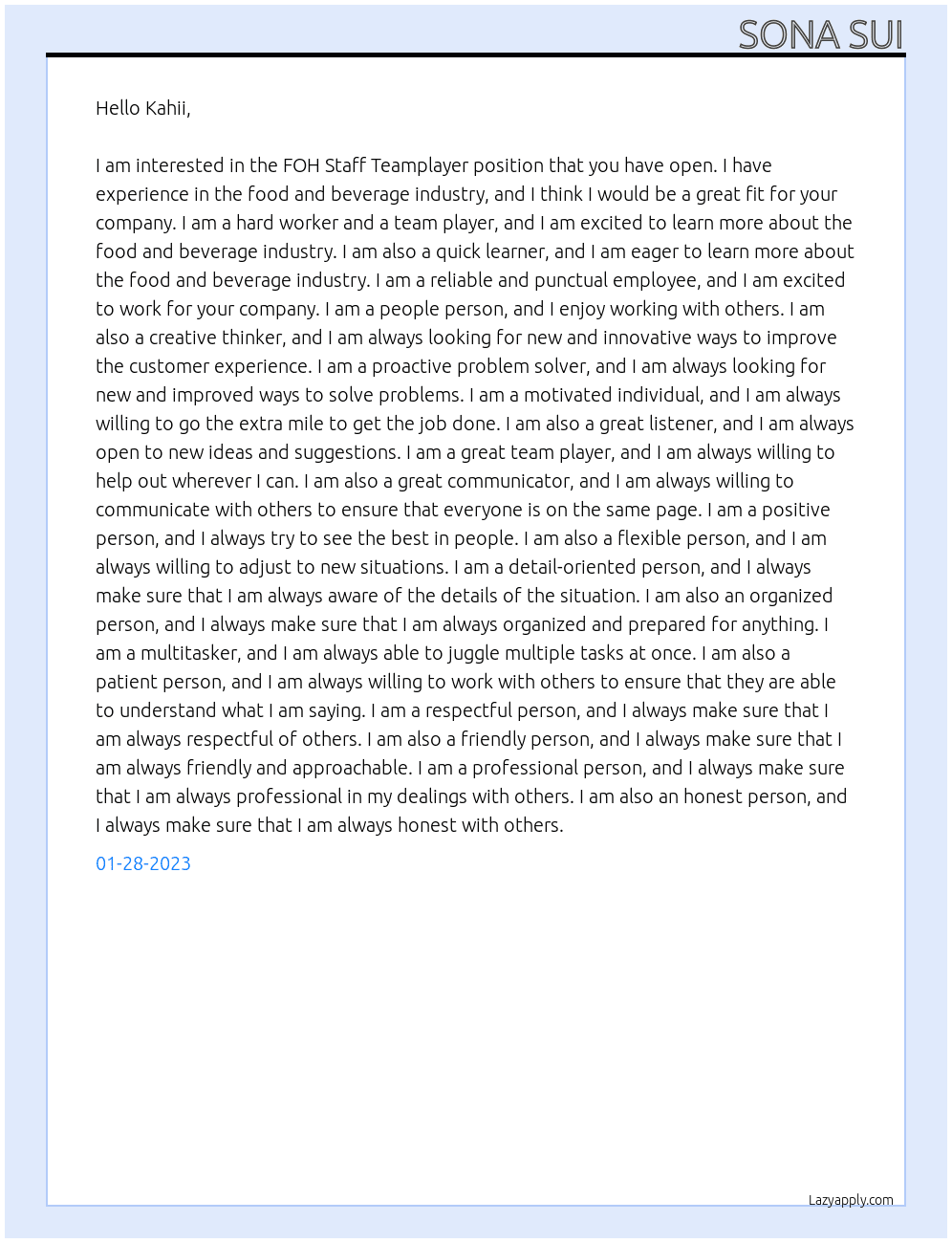 FOH Staff Teamplayer At Kahii Cover Letter