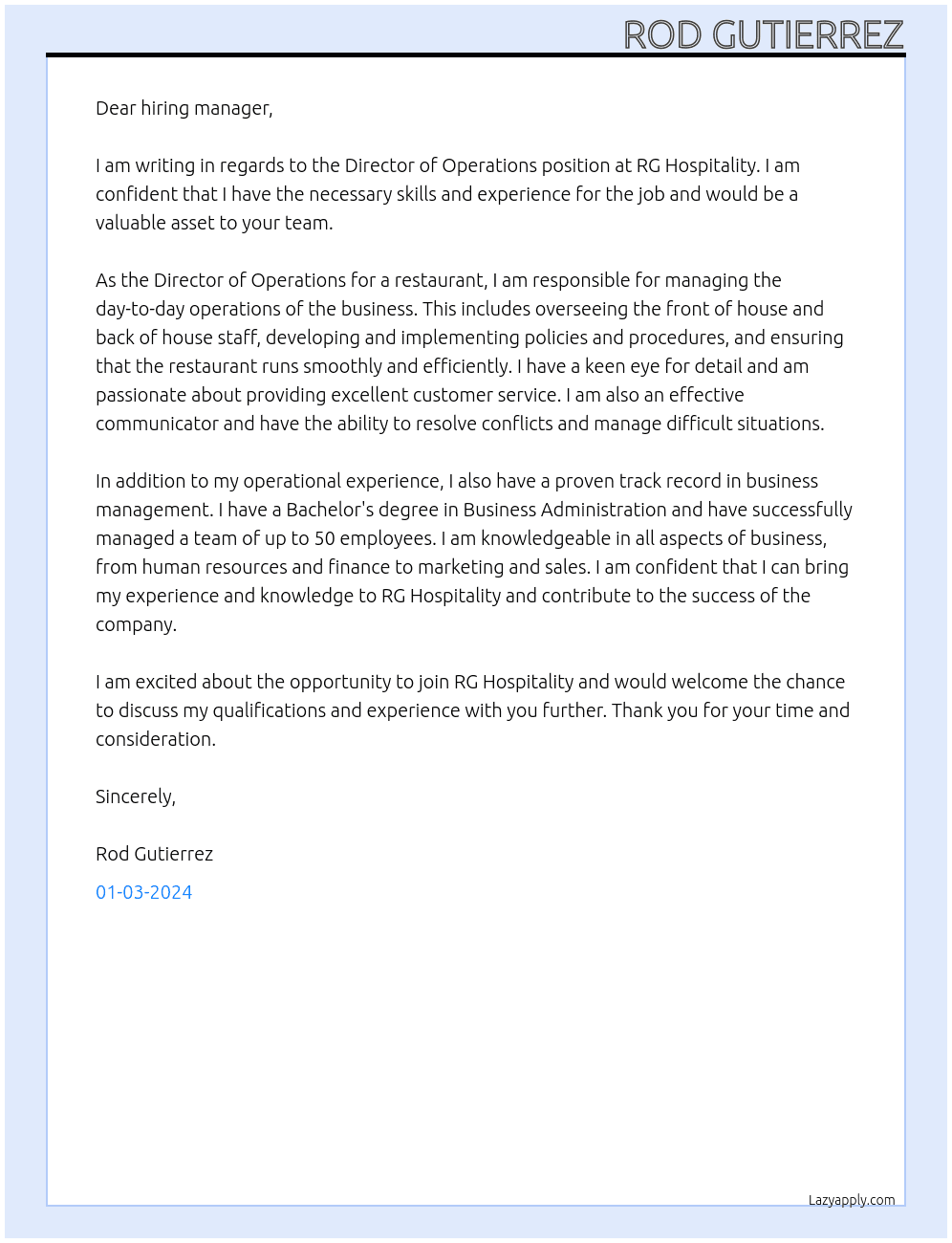 Director of operations restaurant  At Rg hospitality  Cover Letter