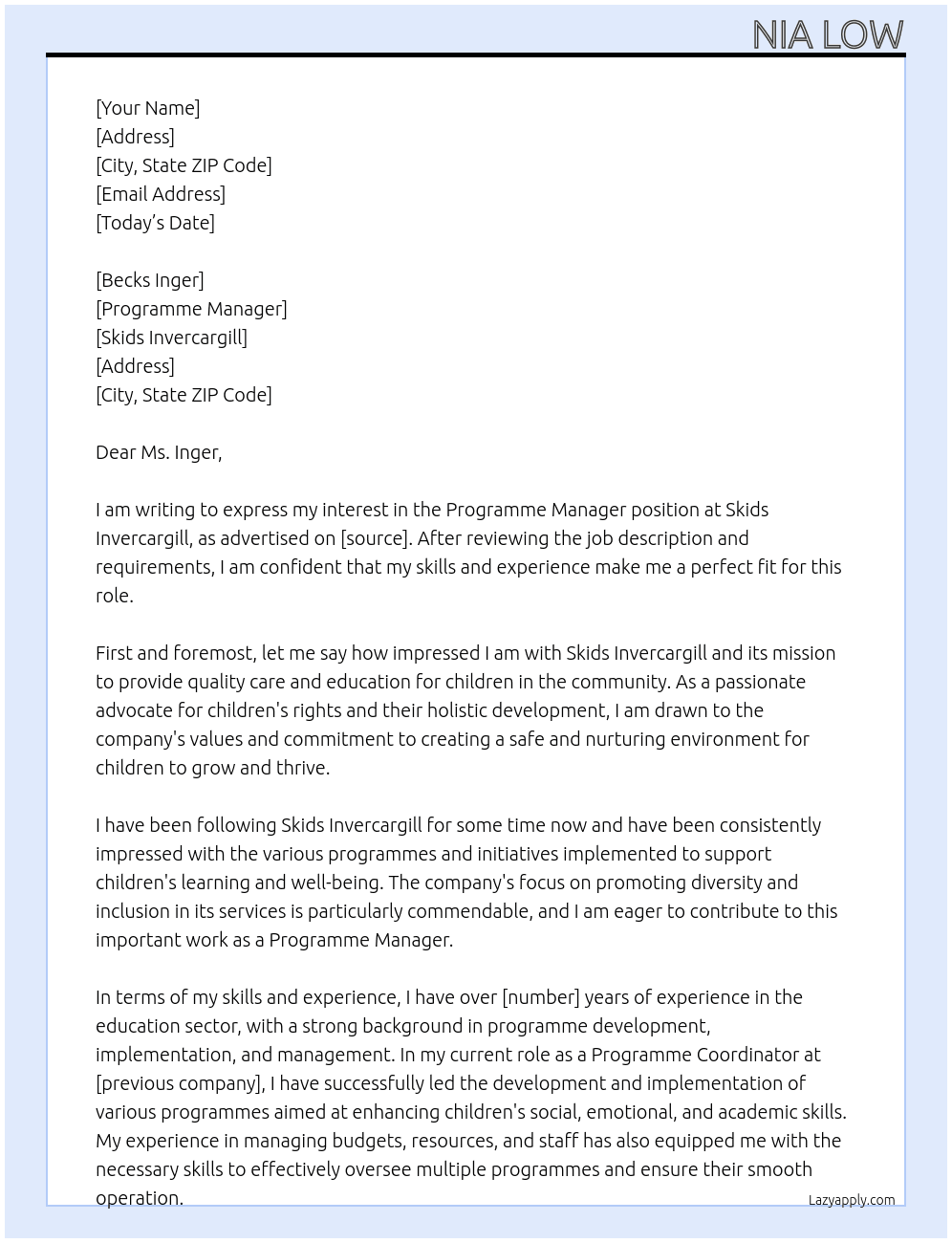 Programme Manager At Skids Invercargill Cover Letter