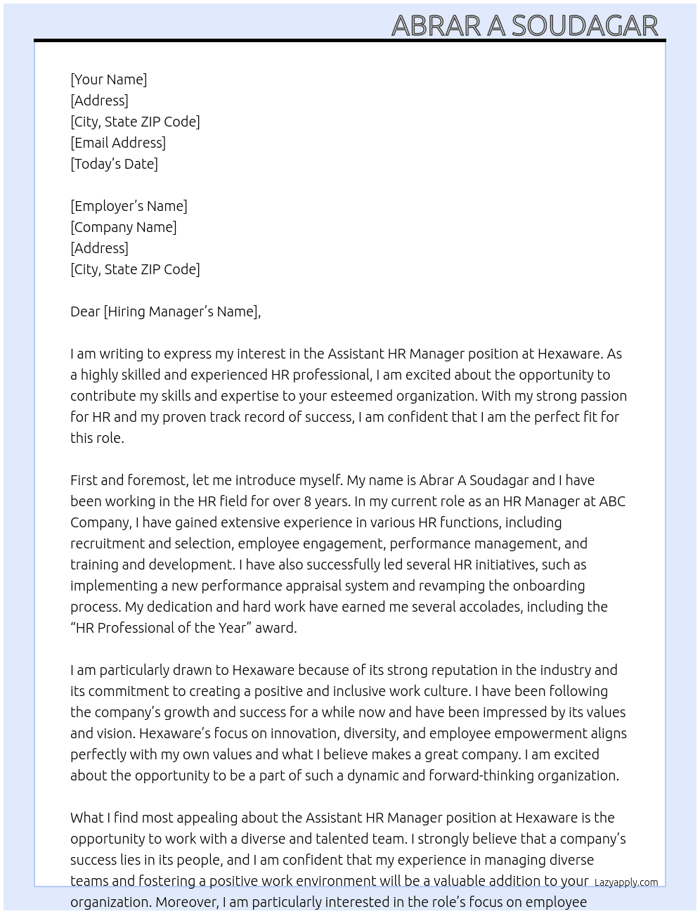 Assistant Hr Manager  At Hexaware  Cover Letter