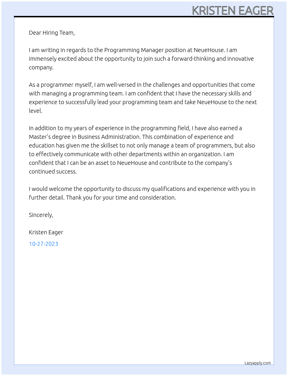 Programming Manager At NeueHouse Cover Letter