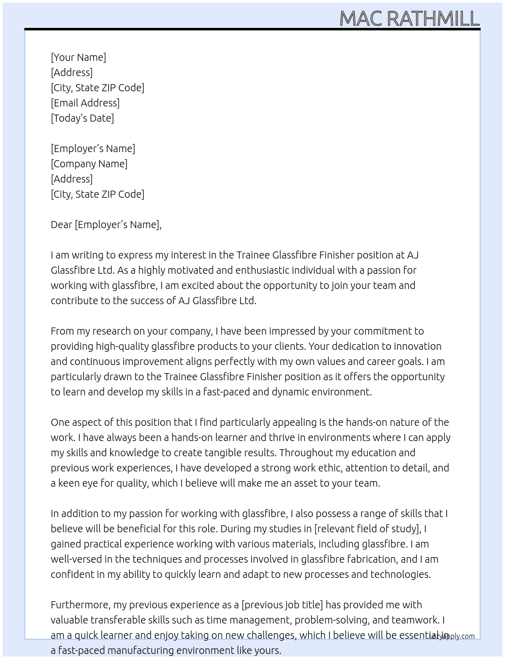 Trainee Glassfibre Finisher At AJ Glassfibre Ltd Cover Letter
