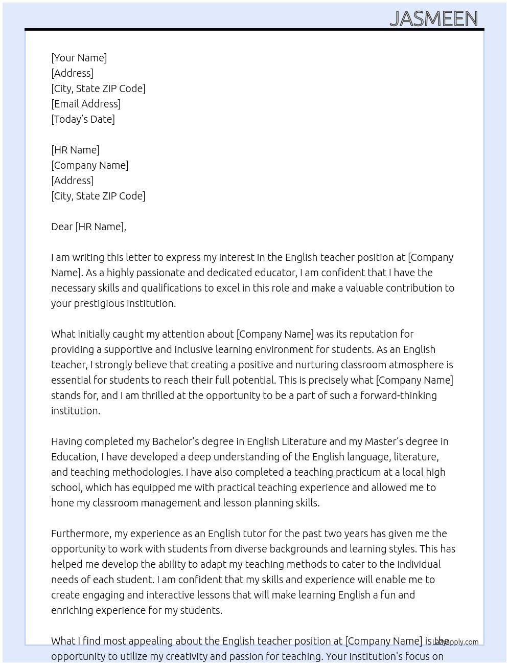 English teacher  At Principal Cover Letter