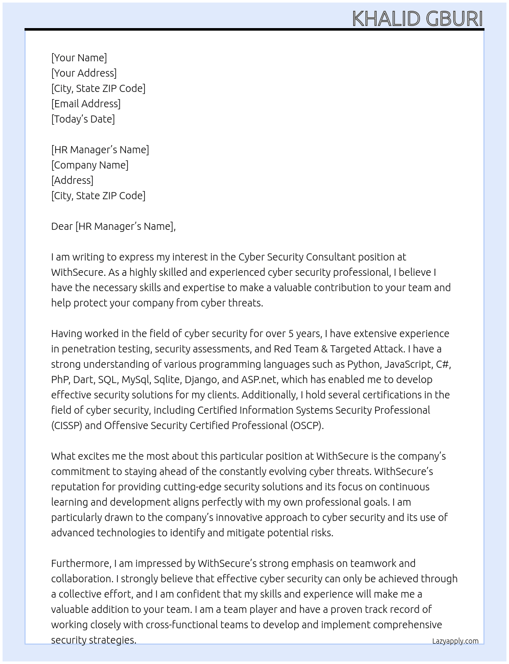 Cyber Security Consultant At WithSecure Cover Letter