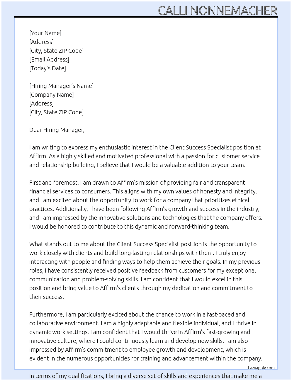 Client Success Specialist At Affirm Cover Letter