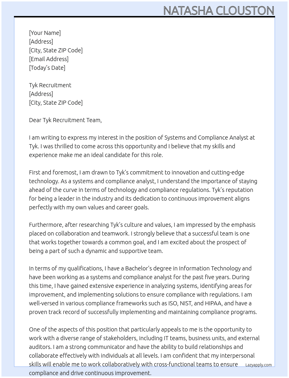 Systems and Compliance Analyst At Tyk Cover Letter