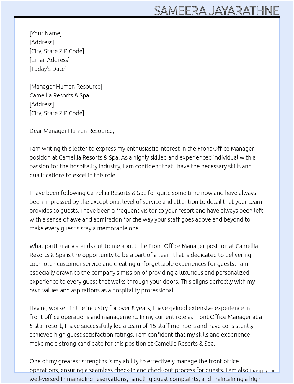 Front Office Manager At Camellia Resorts & Spa  Cover Letter