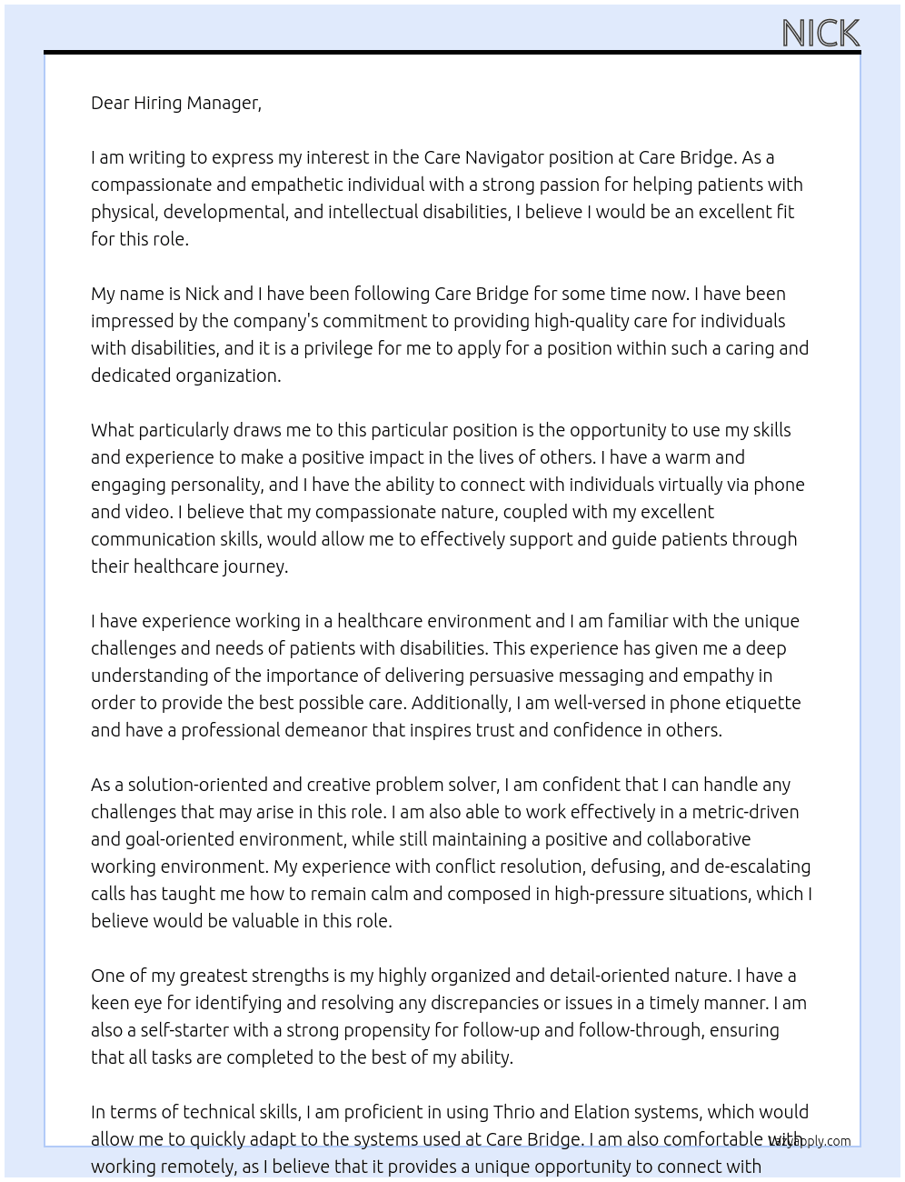 Care Navigator At Care Bridge Cover Letter