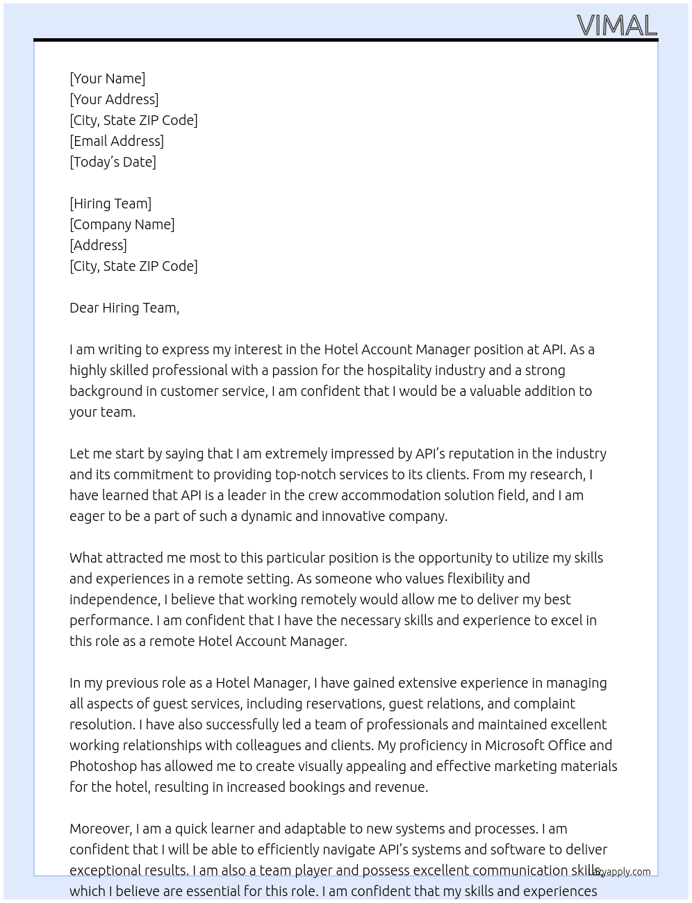 hotel account manager  At API Cover Letter