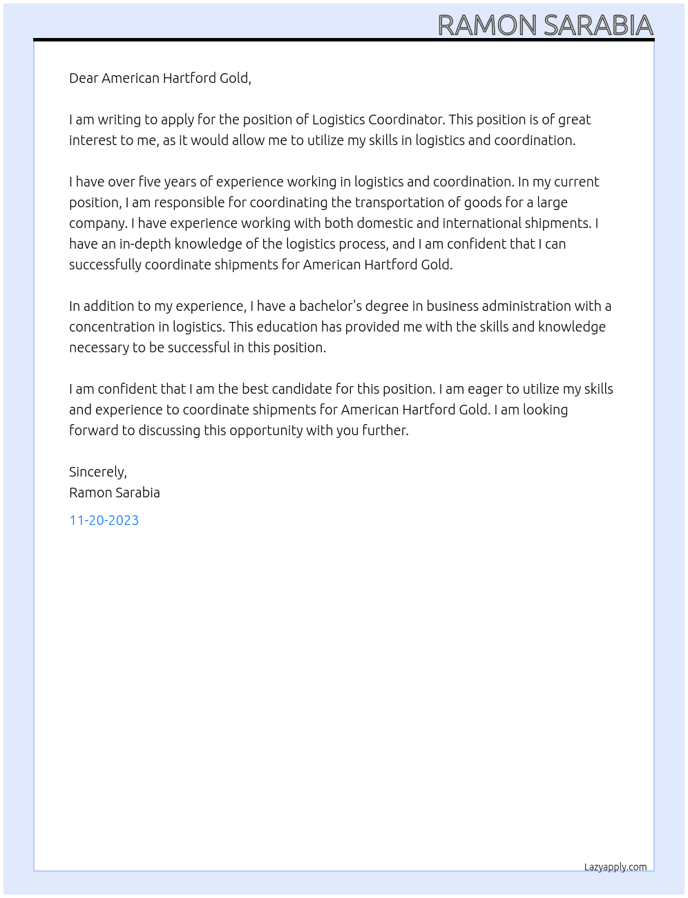 Logistics Coordinator  At American Hartford Gold Cover Letter