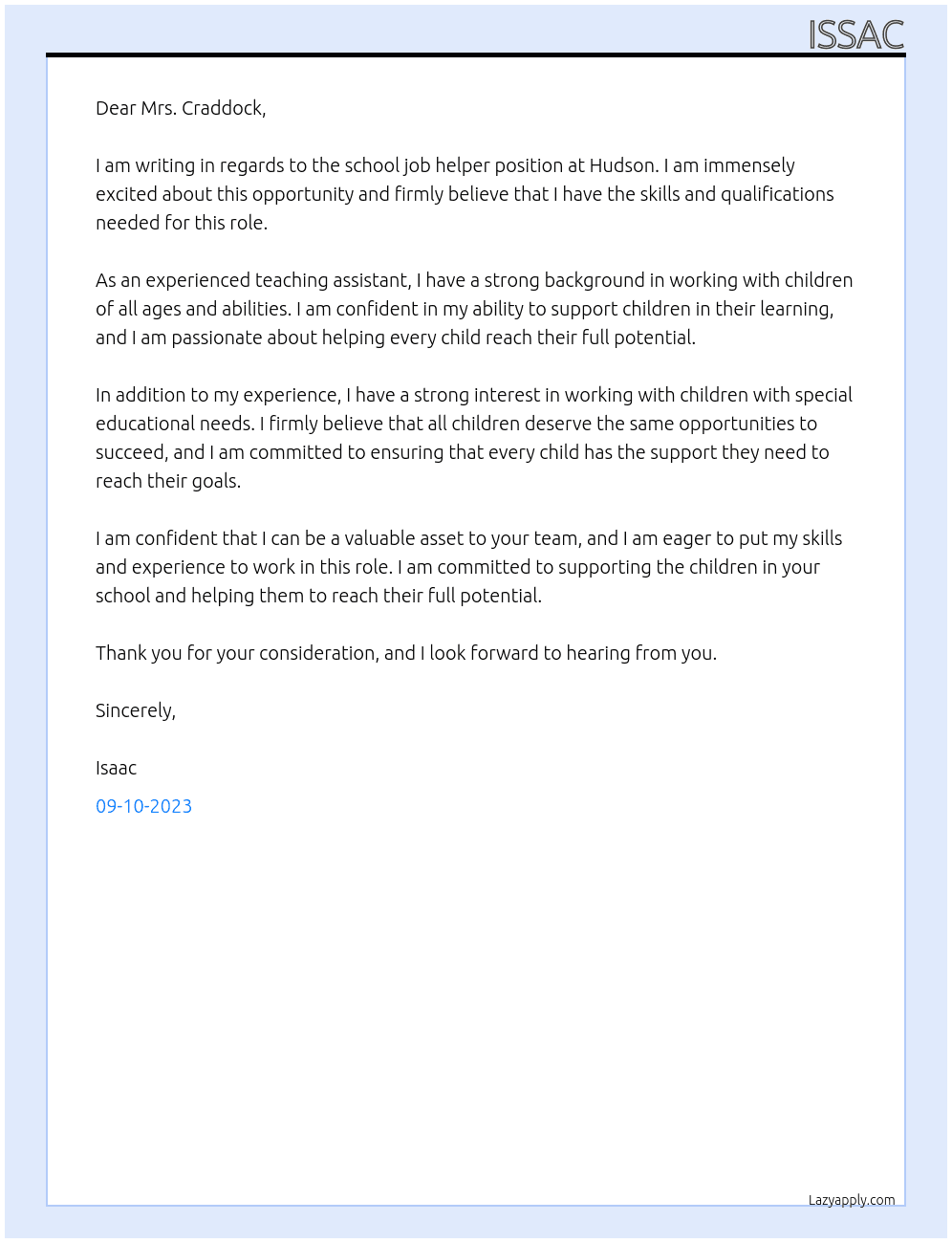 School job helper At Hudson Cover Letter