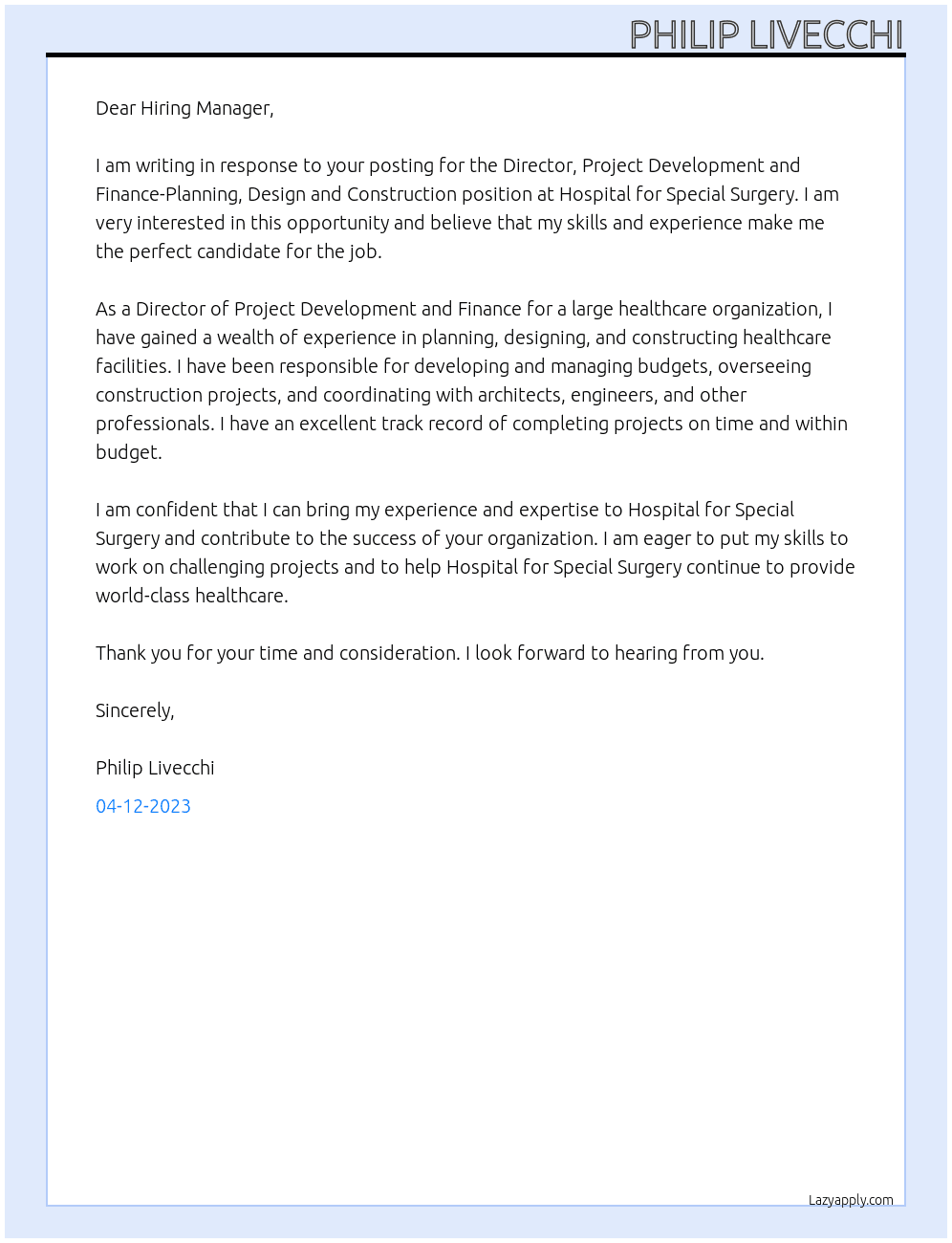 Director, Project Development and Finance-Planning, Design and Construction At Hospital for Special Surgery  Cover Letter