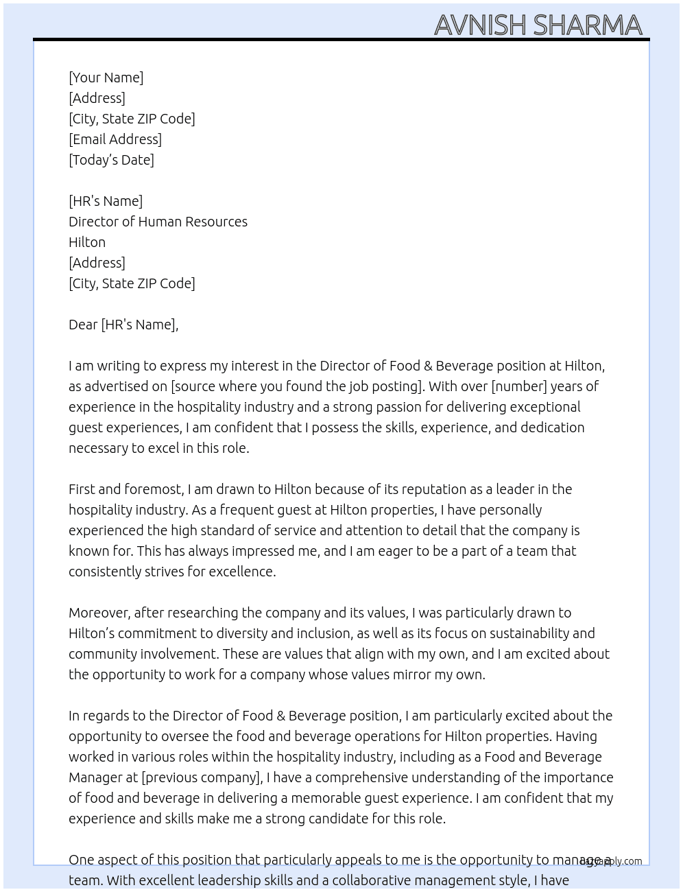 Director of Food & Beverage  At Hilton Cover Letter