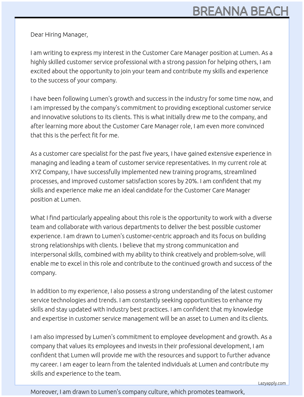 Customer Care Manager At Lumen Cover Letter