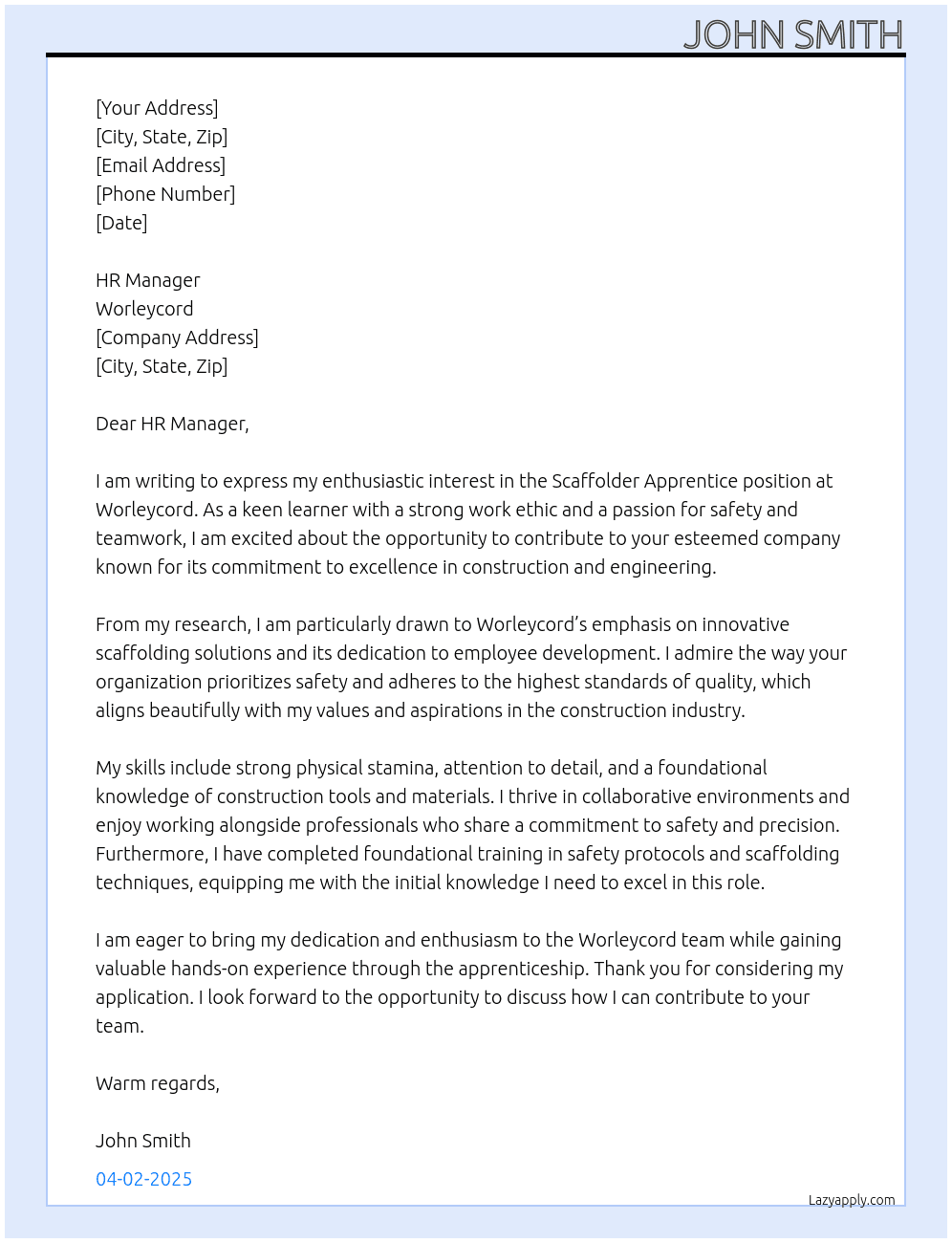Scaffolder apprentice At worleycord Cover Letter