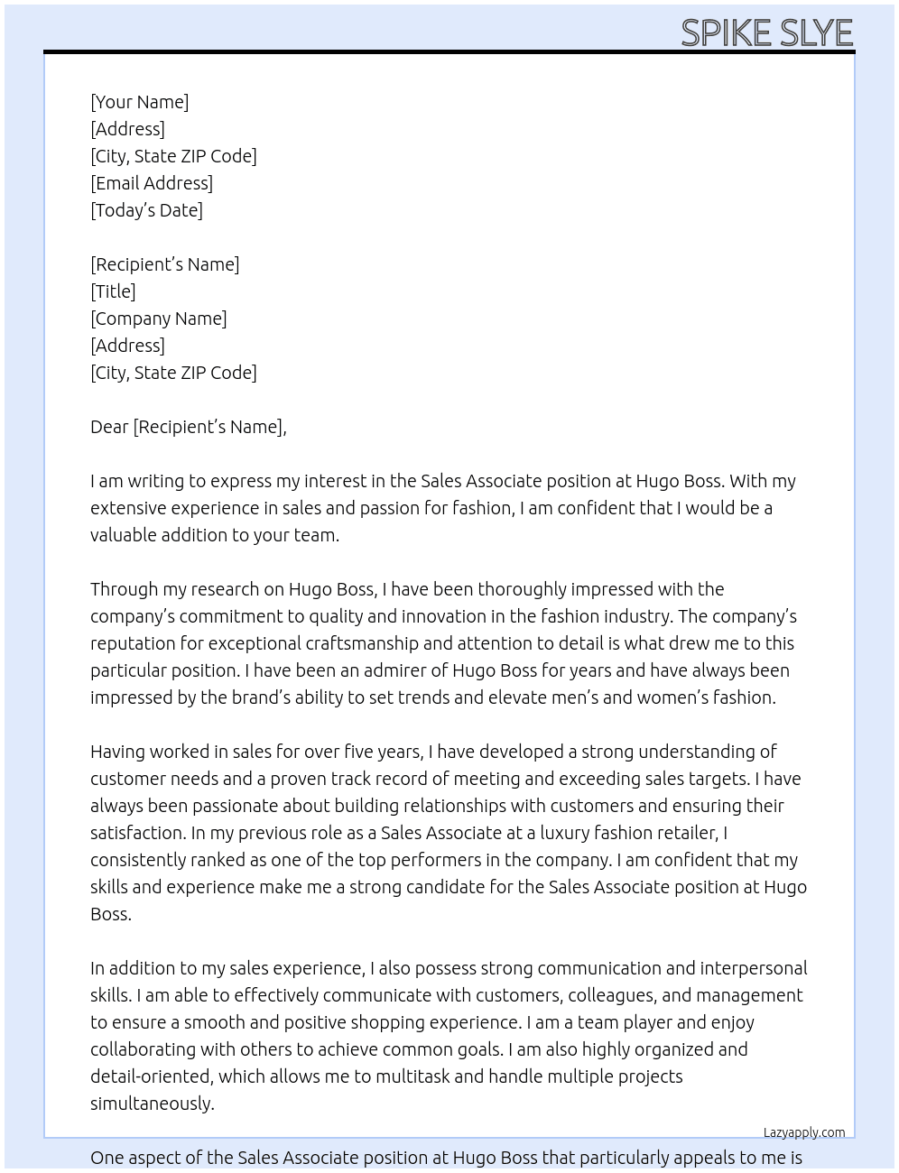 Sales Associate  At Hugo Boss Cover Letter