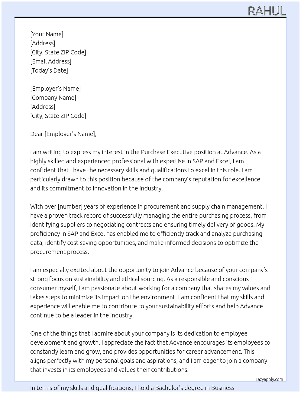 Purchase  At Advance  Cover Letter
