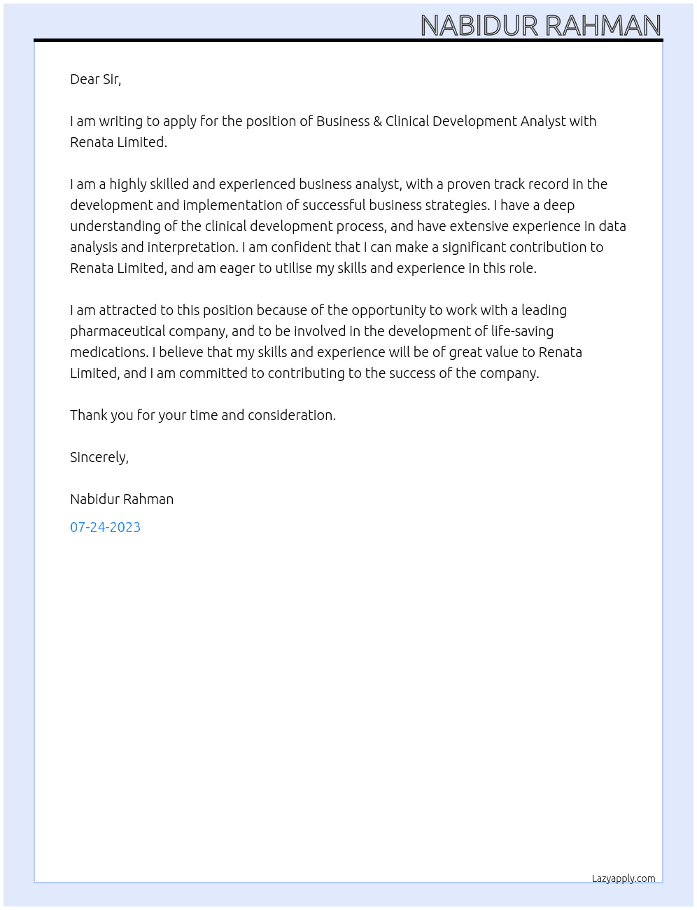 Business & Clinical Development Analyst At Renata Limited Cover Letter
