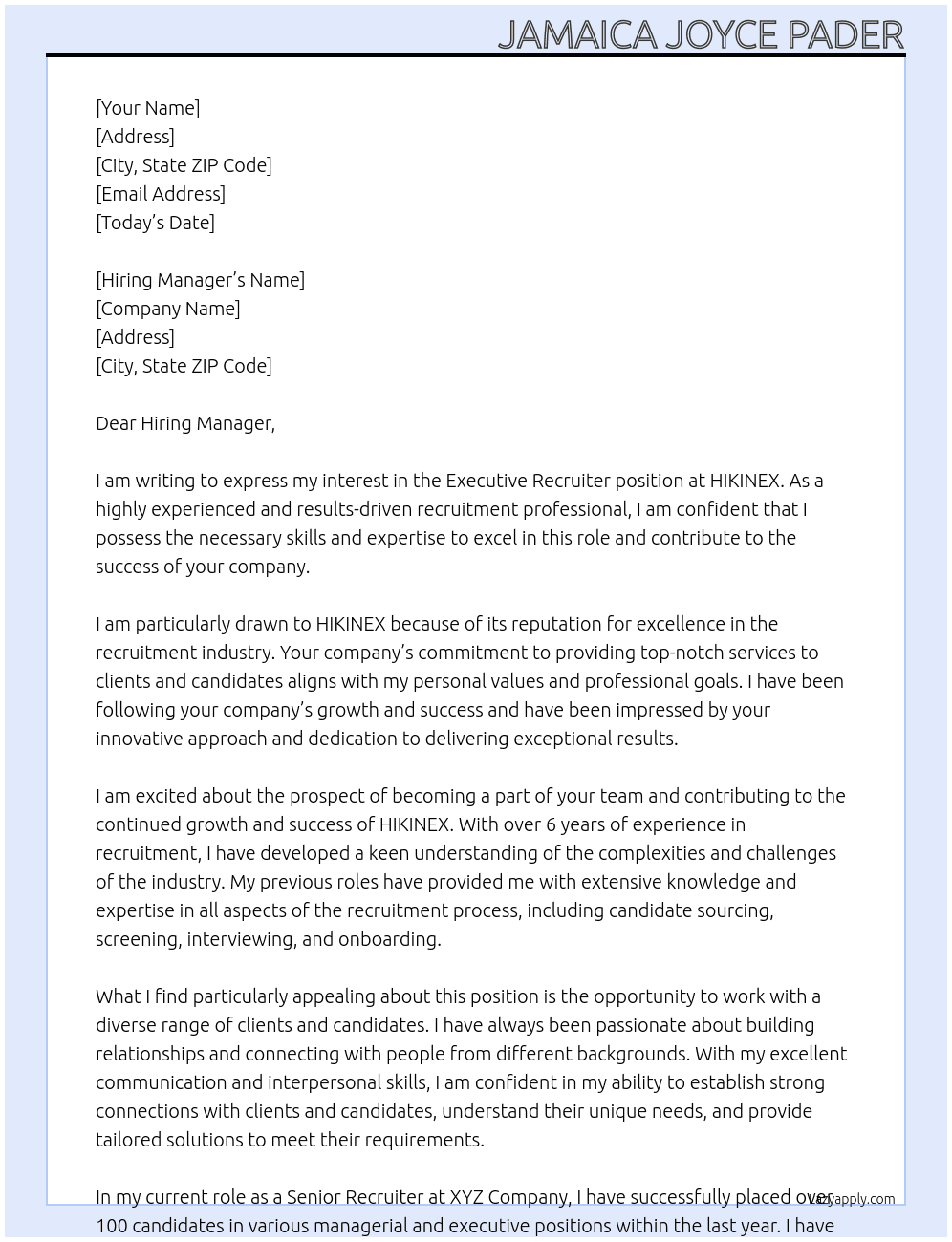 Executive Recruiter At HIKINEX Cover Letter