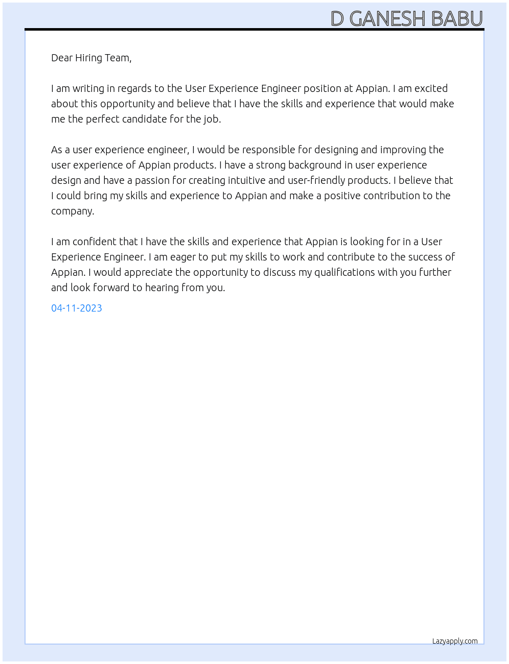 User Experience Engineer At Appian Cover Letter