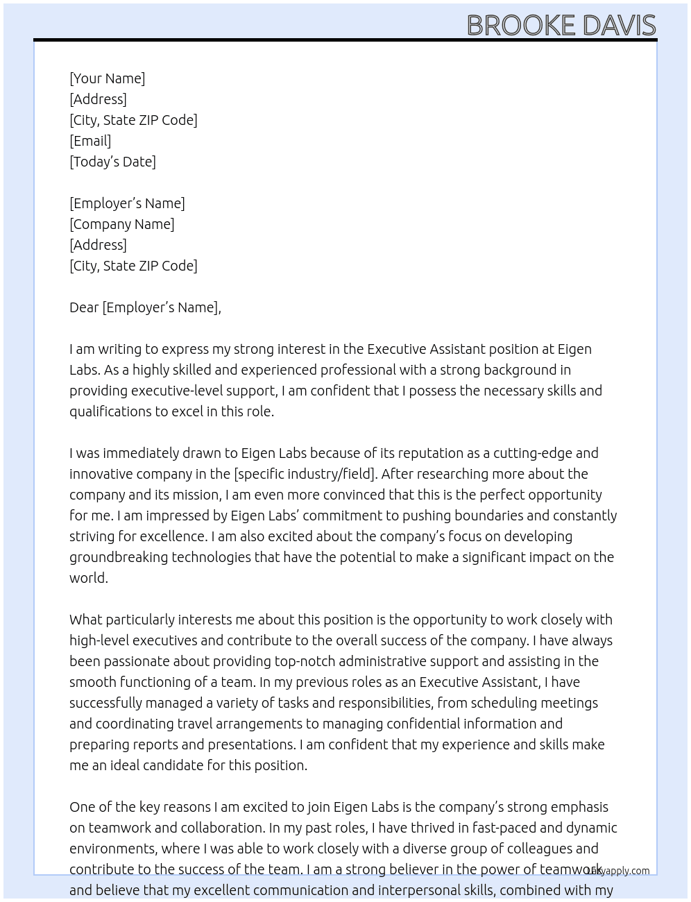 Executive Assistant At Eigen Labs Cover Letter
